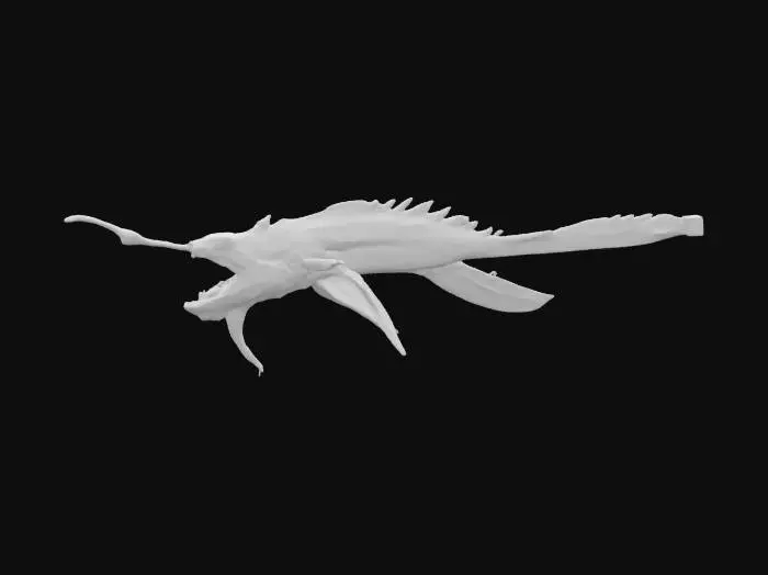 3D model for A hyper-realistic deep-sea angler fish, bioluminescent lure glowing an eerie blue, jagged translucent teeth, rough textured skin with barnacles and scars, large sunken eyes reflecting dim ocean light. Fins are torn and frilled, tail trailing tendrils like jellyfish. Set in pitch-black abyss with ambient particles, faint light rays filtering from above. Creature design is a mix of terrifying and majestic—alien yet biologically grounded. Stylized for cinematic animation, highly detailed topology.