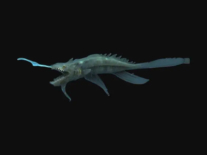 3D model for A hyper-realistic deep-sea angler fish, bioluminescent lure glowing an eerie blue, jagged translucent teeth, rough textured skin with barnacles and scars, large sunken eyes reflecting dim ocean light. Fins are torn and frilled, tail trailing tendrils like jellyfish. Set in pitch-black abyss with ambient particles, faint light rays filtering from above. Creature design is a mix of terrifying and majestic—alien yet biologically grounded. Stylized for cinematic animation, highly detailed topology.