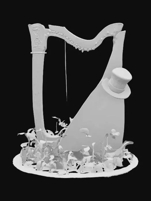 3D model for [Dublin • Ireland]
Pure Irish trio, early-morning soft fog:
CELTIC HARP — polished dark oak frame, brass tuning pins, faint knot‑work engraving along the soundboard, loose string glow shader.

SHAMROCK — single fresh green shamrock sprouting from a small tuft of dewy meadow grass; soft subsurface‑scatter on the leaves.

LEPRECHAUN HAT — classic tall green stovepipe with a worn leather band and brass buckle, gently dented crown for realism.

Arrange the harp centre‑stage, shamrock at its base, hat tilted casually against the harp’s soundbox.

PBR workflow, 4 K textures. Low, misty sun filtering in, subtle rim‑light on harp edges.