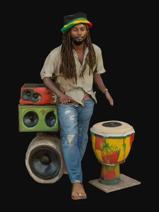 3D model for [Jamaica]  
Reggae street-corner vignette at sunset. cracked limestone pavement, faded green-yellow-red wall splashed with Bob-Marley-posters and graffiti.
A relaxed, handsome Jamaican man leaning against a vintage speaker, wears a thick hand-made Rasta tam, linen shirt, denim jeans, sandals. Textured dreadlocks flow over his shoulders. beard, smile; spliff dangling from his lips, ember glowing.
Twin bass cabs stacked on soda crates; woofer cones.
Nyabinghi hand drum by crates.  
Open reggae vinyl sleve lying on the ground, record half pulled out.  
Old "Blue Mountain "tin coffee cup perched on the speaker, steam rising. 
A cannabis leaf carved into the drum.
PBR workflow, 4 K Micro-surface detail: frayed fabric fibers, sweat-worn wood grain, paint flakes, smoke wisps. #AroundTheWorld#