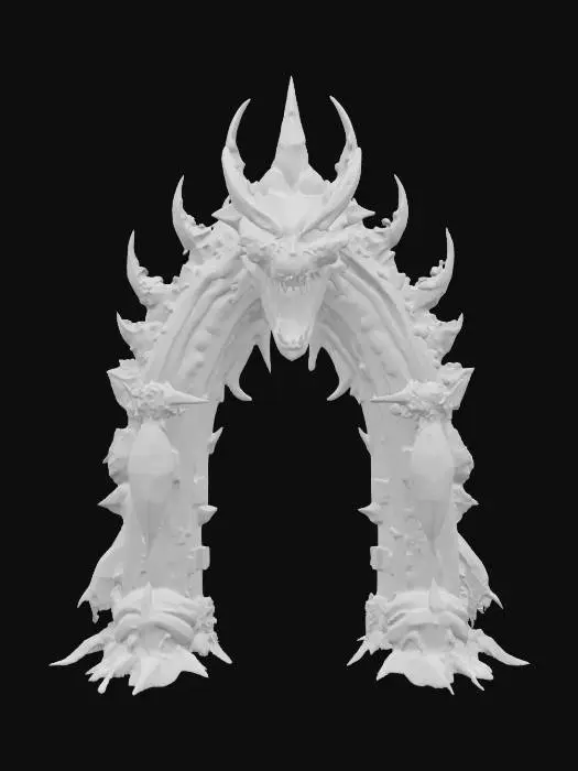 3D model for #arch# A menacing, sentient archway , the literal "Arch Enemy",  forged from jagged obsidian and cracked metal, with glaring red eyes embedded in its keystone, a snarling mouth formed in the center of its span. Armored limbs or weapon-like protrusions emerge from the sides as if it's ready to attack. The arch exudes malice, pulsing with dark energy, cracks glowing with lava. Highly detailed textures, cinematic villain lighting, and a personality that screams “boss battle.”