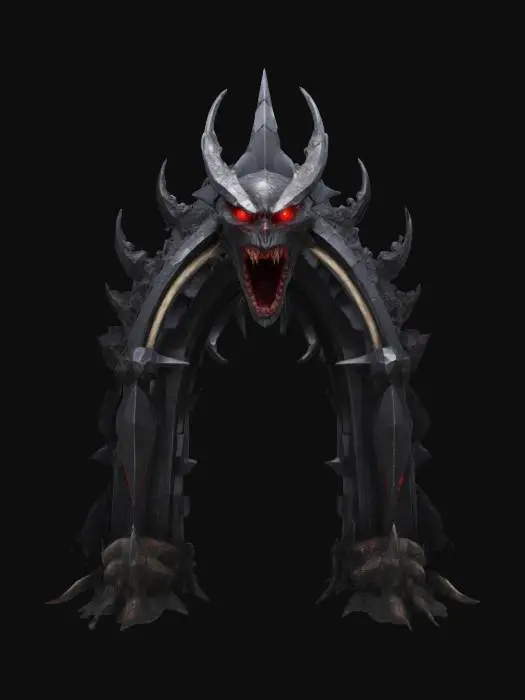 3D model for #arch# A menacing, sentient archway , the literal "Arch Enemy",  forged from jagged obsidian and cracked metal, with glaring red eyes embedded in its keystone, a snarling mouth formed in the center of its span. Armored limbs or weapon-like protrusions emerge from the sides as if it's ready to attack. The arch exudes malice, pulsing with dark energy, cracks glowing with lava. Highly detailed textures, cinematic villain lighting, and a personality that screams “boss battle.”