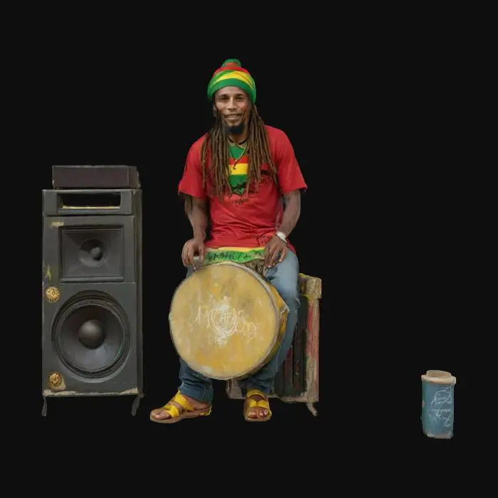 3D model for [Kingston • Jamaica]  
Reggae street-corner vignette at gold sunset. cracked limestone pavement, faded green-yellow-red wall splashed with Bob-Marley-posters and graffiti.
A relaxed, handsome Jamaican man leaning against a vintage speaker, wears a thick hand-made Rasta tam, linen shirt, denim jeans, sandals. Textured dreadlocks flow over his shoulders. beard, smile; spliff dangling from his lips, ember glowing.
Twin bass cabs stacked on soda crates; woofer cones.
Nyabinghi hand drum by crates.  
Open reggae vinyl sleve lying on the ground, record half pulled out.  
Old "Blue Mountain "tin coffee cup perched on the speaker, steam rising. 
A cannabis leaf carved into the drum.
PBR workflow, 4 K Micro-surface detail: frayed fabric fibers, sweat-worn wood grain, paint flakes, smoke wisps.