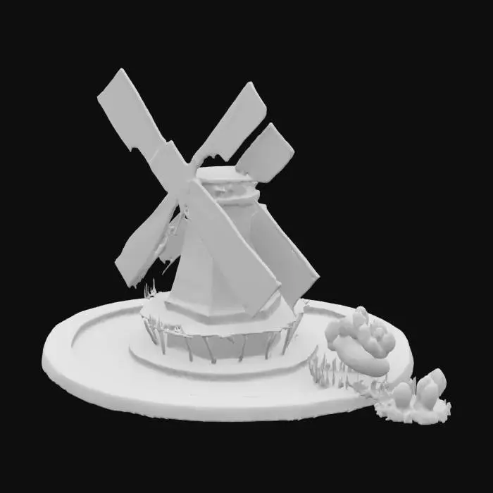 3D model for [Amsterdam-Holland-Netherlands]  
Dutch canal side diorama.
 Traditional windmill whose sails transform into translucent, tulip‑petal–shaped solar panels.
Base balcony wrapped in blue‑and‑white Delft‑tile balustrades.
Stylish Dutch courier perched on a hover‑bike shaped like an oversized wooden clog. Blue urban courier satchel, orange scarf fluttering.  
Canal water with slight ripples; moored cheese‑wheel barge stacked high with wax‑coated Gouda rounds.  
Vibrant tulip planter boxes line the quay.
Delft‑porcelain cat naps on a windowsill.
A minuscule orange lion peeks out of a tulip blossom
PBR workflow, 4 K textures.  Micro‑crackle glaze normals on Delft tiles, fine wood grain on clog bike, subsurface scatter on tulip petals. early‑morning soft pink sunlight, cool ambient sky‑fill.