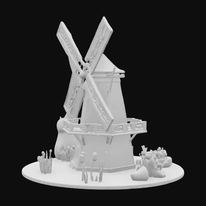 3D model for [Holland]  
Traditional windmill.
Base balcony wrapped in blue‑and‑white Delft‑tile balustrades.
Stylish Dutch courier . A wooden clog.  
Vibrant tulip planter boxes line the scene.
Delft‑porcelain cat naps on a windowsill.
PBR workflow, 4 K textures.  Micro‑crackle glaze normals on Delft tiles, fine wood grain on clog bike, subsurface scatter on tulip petals. early‑morning soft pink sunlight, cool ambient sky‑fill. #AroundTheWorld#