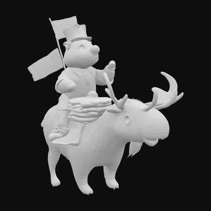 3D model for Beaver prime minister riding a moose, pouring maple syrup over a stack of skyscraper-pancakes shaped like the former United States — celebratory confederation parade. Flag reads, "US 11TH PROVINCE."
stylized-realistic, high-poly, PBR 4 K textures, clean topology, sharp normals, holographic red-white checkers, tiny hockey-puck easter-egg on the saddle, cinematic northern-lights lighting, game-ready OBJ + PNG maps. #AroundTheWorld#
