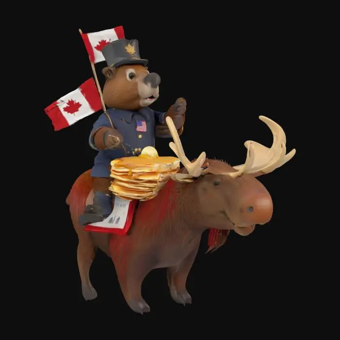 3D model for Beaver prime minister riding a moose, pouring maple syrup over a stack of skyscraper-pancakes shaped like the former United States — celebratory confederation parade. Flag reads, "US 11TH PROVINCE."
stylized-realistic, high-poly, PBR 4 K textures, clean topology, sharp normals, holographic red-white checkers, tiny hockey-puck easter-egg on the saddle, cinematic northern-lights lighting, game-ready OBJ + PNG maps. #AroundTheWorld#