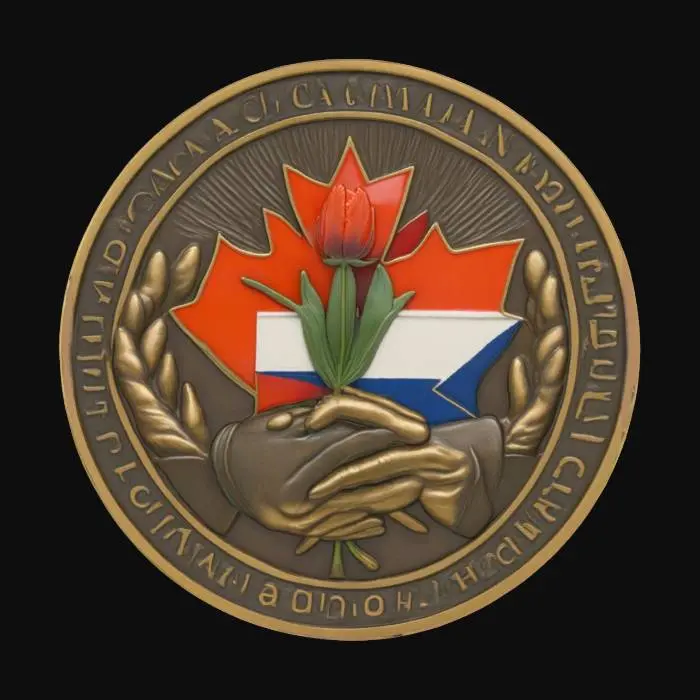 3D model for #emblem# A commemorative emblem honoring Canada’s liberation of the Netherlands in 1945. A maple leaf and tulip are crossed at the center, symbolizing Canadian-Dutch unity. Behind them, a pair of clasped hands — one wearing a WWII-era Canadian sleeve, the other a Dutch civilian’s hand — overlaid on a backdrop of a rising sun. The border features the date 1945 and the words “Liberation • Freedom • Gratitude” in a circular ring. Emblem is bronze with enamel inlays of red, white, blue, and gold. Symmetrical, deeply embossed, elegant and dignified, high realism.