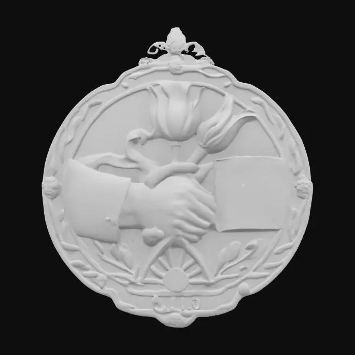 3D model for #emblem# A commemorative emblem honoring Canada’s liberation of the Netherlands in 1945. A maple leaf and tulip are crossed at the center, symbolizing Canadian-Dutch unity. Behind them, a pair of clasped hands — one wearing a WWII-era Canadian sleeve, the other a Dutch civilian’s hand — overlaid on a backdrop of a rising sun. The border features the date 1945. Emblem is bronze with enamel inlays of red, white, blue, and gold. Symmetrical, deeply embossed, elegant and dignified, high realism.