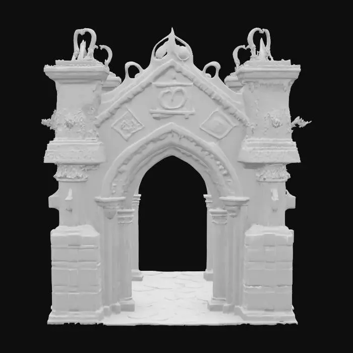 3D model for #arch# Dark, gothic archway leading to Hell, constructed from obsidian and scorched stone. Intricately carved demonic symbols glow with fiery embers, surrounded by twisted, thorny ironwork and eerie red mist. Cracks and molten veins pulse ominously, conveying dread and malevolence. Cinematic lighting, high-detail textures, sinister atmosphere, photorealistic rendering.