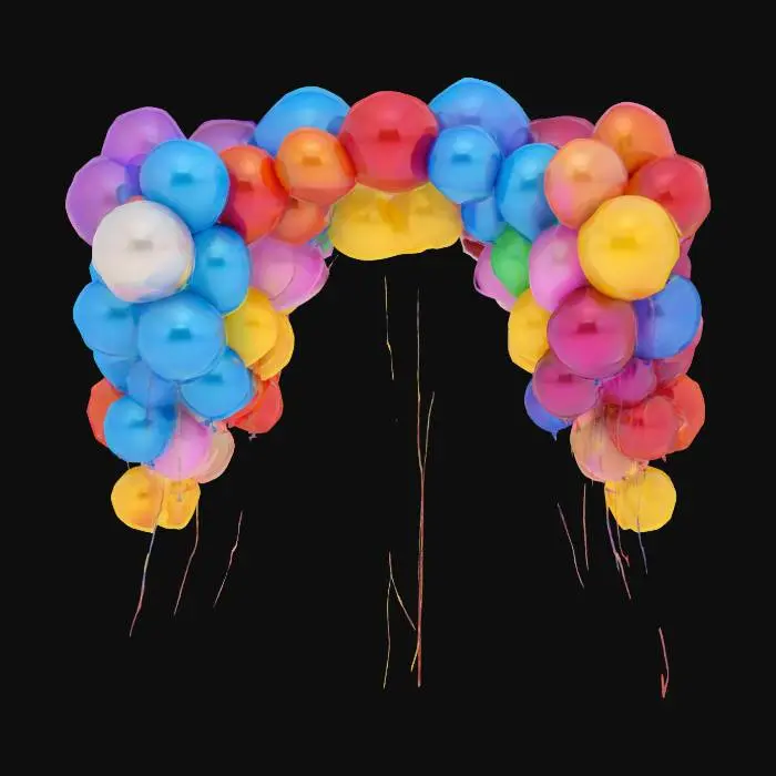 3D model for #arch# Radiant archway composed of millions of round floating balloons in every imaginable color — glossy, reflective, and semi-transparent. Each balloon gently bobs in place, forming a perfect arc of levitating joy. Include a mix of sizes and shapes, with realistic string tangles, subtle light reflections, and soft shadow interplay. Ultra-detailed rubber textures, high-gloss surfaces, photorealistic lighting, dreamlike, cheerful.