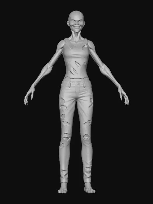 3D model for A realistic demonic female character in T-pose, designed for rigging and animation. She has pale ashen skin with visible dark veins, black eyes, and a twisted, menacing expression. Her body shows subtle deformation — slightly elongated fingers and limbs, thin frame, and tense muscles. She wears worn, torn realistic clothing (ripped shirt and damaged jeans). The lighting is soft and neutral, and the background is plain white. The model should be cleanly topologized, humanoid, fully symmetrical, with clear mesh definition suitable for rigging. No props, no background.