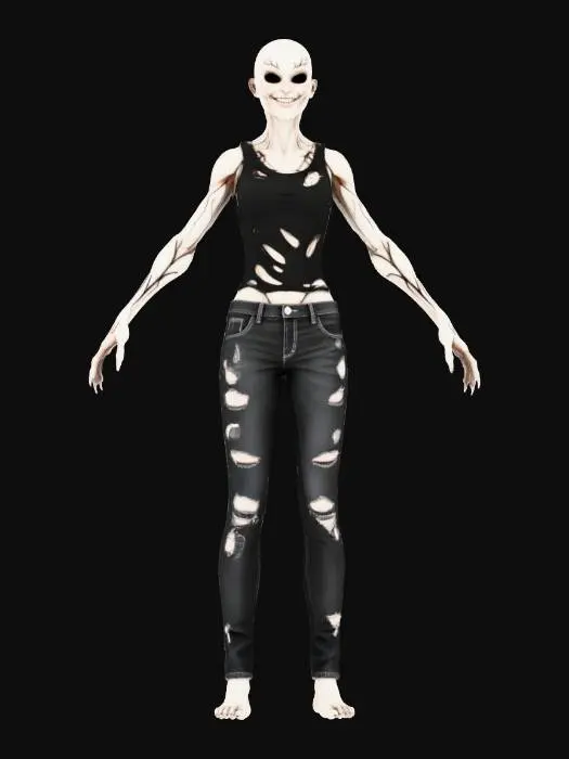 3D model for A realistic demonic female character in T-pose, designed for rigging and animation. She has pale ashen skin with visible dark veins, black eyes, and a twisted, menacing expression. Her body shows subtle deformation — slightly elongated fingers and limbs, thin frame, and tense muscles. She wears worn, torn realistic clothing (ripped shirt and damaged jeans). The lighting is soft and neutral, and the background is plain white. The model should be cleanly topologized, humanoid, fully symmetrical, with clear mesh definition suitable for rigging. No props, no background.