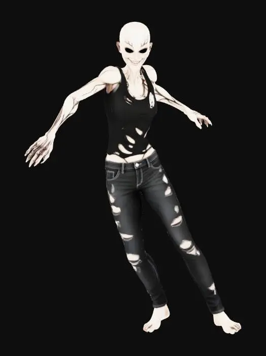 3D model for A realistic demonic female character in T-pose, designed for rigging and animation. She has pale ashen skin with visible dark veins, black eyes, and a twisted, menacing expression. Her body shows subtle deformation — slightly elongated fingers and limbs, thin frame, and tense muscles. She wears worn, torn realistic clothing (ripped shirt and damaged jeans). The lighting is soft and neutral, and the background is plain white. The model should be cleanly topologized, humanoid, fully symmetrical, with clear mesh definition suitable for rigging. No props, no background.
