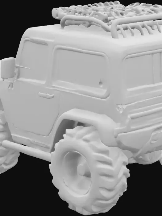 3D model for > "A 3D cartoon-style Mahindra Thar SUV, with exaggerated wheels, bold colors like red or black, smooth rounded edges, and a playful, animated look.all windows black dark,  The car should have big headlights, a smiling cartoon front grill like a mouth, headlight like cartoon eyes and be placed on a fun off-road terrain with stylized rocks and dirt. Soft lighting and high detail, Pixar-style rendering."
