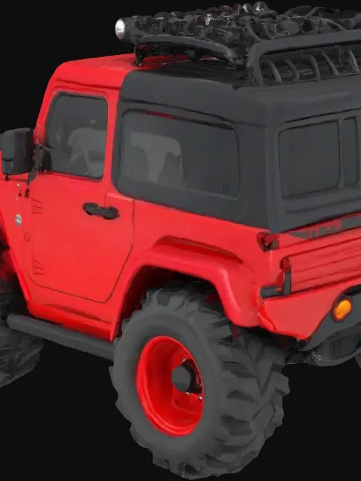 3D model for > "A 3D cartoon-style Mahindra Thar SUV, with exaggerated wheels, bold colors like red or black, smooth rounded edges, and a playful, animated look.all windows black dark,  The car should have big headlights, a smiling cartoon front grill like a mouth, headlight like cartoon eyes and be placed on a fun off-road terrain with stylized rocks and dirt. Soft lighting and high detail, Pixar-style rendering."
