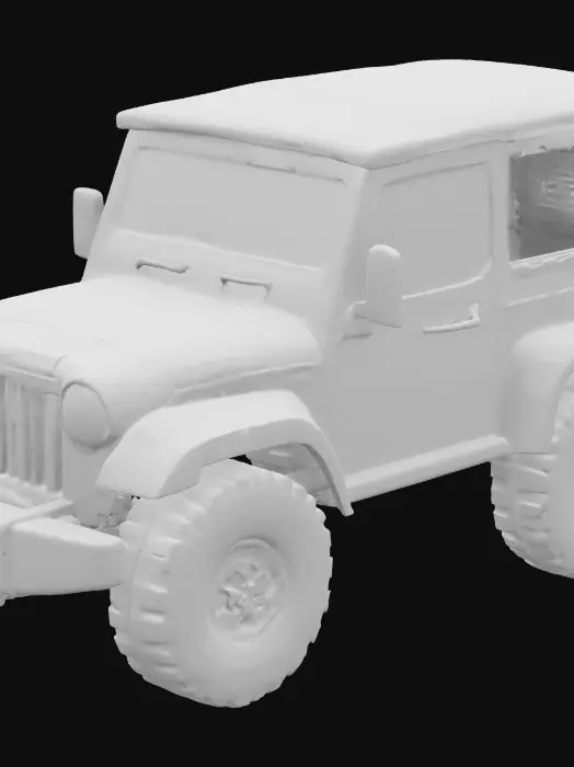 3D model for > "A 3D cartoon-style Mahindra Thar SUV, with exaggerated wheels, bold colors like red or black, smooth rounded edges, and a playful, animated look. The car should have big headlights, a smiling front grill like a face, and be placed on a fun off-road terrain with stylized rocks and dirt. Soft lighting and high detail, Pixar-style rendering."
