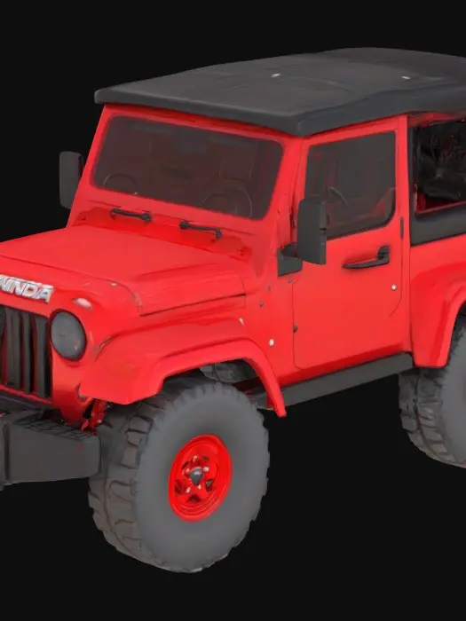 3D model for > "A 3D cartoon-style Mahindra Thar SUV, with exaggerated wheels, bold colors like red or black, smooth rounded edges, and a playful, animated look. The car should have big headlights, a smiling front grill like a face, and be placed on a fun off-road terrain with stylized rocks and dirt. Soft lighting and high detail, Pixar-style rendering."
