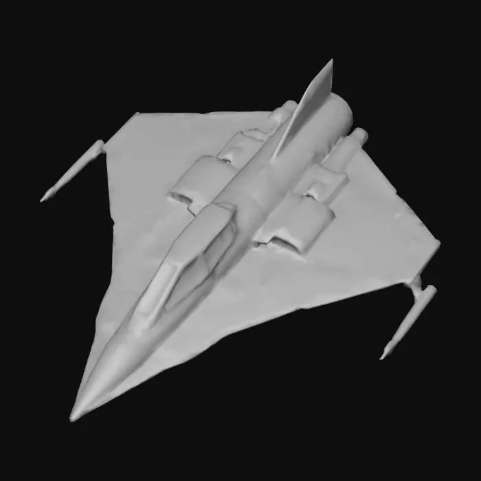 3D model for A low poly star fighter. Similar to galaga. Triangle shaped, with green paint and a white cockpit.