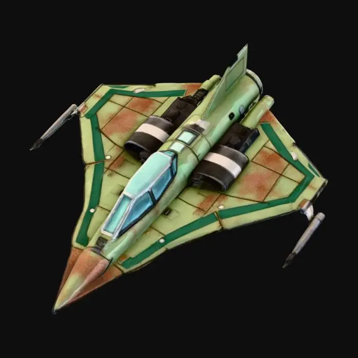 3D model for A low poly star fighter. Similar to galaga. Triangle shaped, with green paint and a white cockpit.