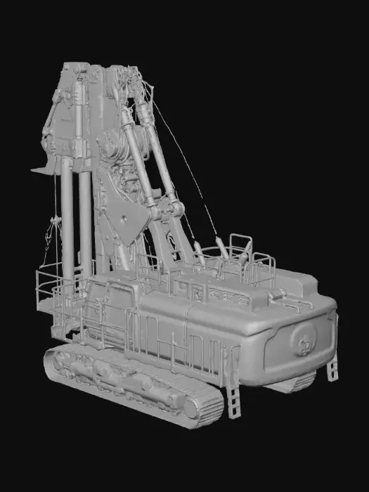 3D model for Un imponente impianto di perforazione Soilmec SR-95 con un robusto telaio cingolato nero e grigio. Il corpo principale è di un blu brillante, adornato con strisce bianche e il marchio "soilmec", e include una cabina operatore in vetro protetta da ringhiere nere. Una massiccia struttura a traliccio blu, composta da segmenti, si estende verso l'alto, dotata di cilindri idraulici e un attacco per la perforazione. Superfici metalliche lisce si alternano a dettagli meccanici complessi e decalcomanie di pericolo gialle e nere.