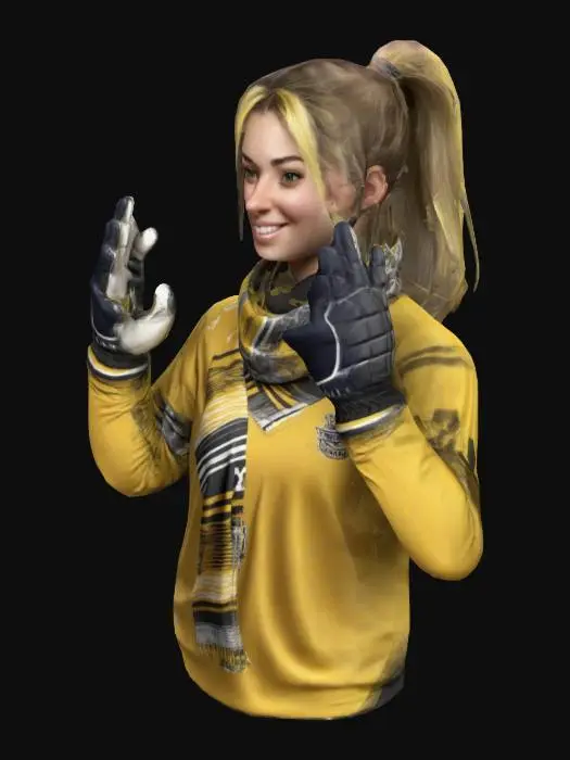 3D model for Create a realistic female hockey fan, mid-20s, in a neutral T-pose with a soft, excited facial expression. She wears a yellow-and-black jersey with modern patterns, gloves, and a loose scarf draped neatly. Her face shows a subtle smile, and her hair is tied back in a ponytail. The pose remains entirely neutral with arms outstretched in a standard T-pose, focusing on facial details for personality.