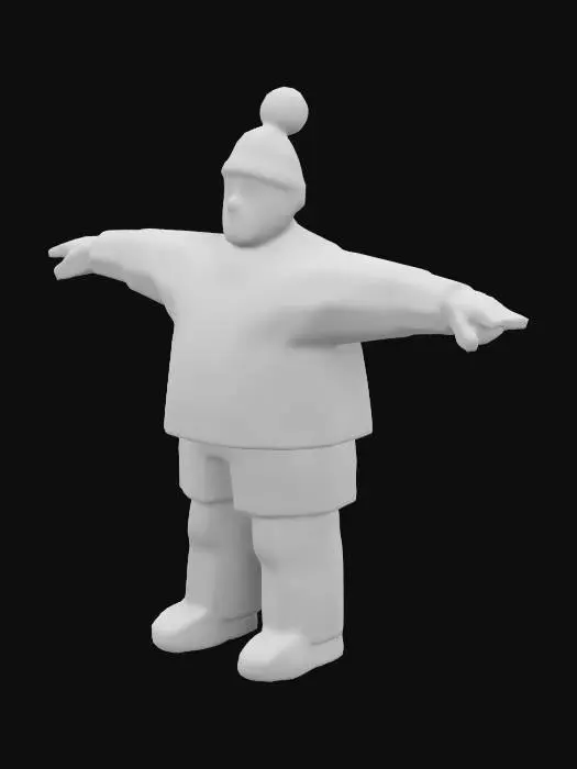 3D model for Design a male hockey fan in his early 30s, wearing a bold yellow-and-black jersey with. The character is in a T-pose with an enthusiastic smile, his face painted in diagonal yellow-and-black stripes. Add a team beanie with a pom-pom, a scarf tied loosely, and a foam finger in one hand. The fan has a lean yet athletic build, representing excitement and team spirit, ideal for a loud and supportive crowd member. With legs, in T-POSE