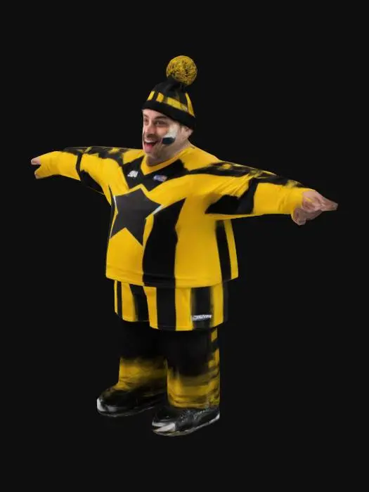 3D model for Design a male hockey fan in his early 30s, wearing a bold yellow-and-black jersey with. The character is in a T-pose with an enthusiastic smile, his face painted in diagonal yellow-and-black stripes. Add a team beanie with a pom-pom, a scarf tied loosely, and a foam finger in one hand. The fan has a lean yet athletic build, representing excitement and team spirit, ideal for a loud and supportive crowd member. With legs, in T-POSE