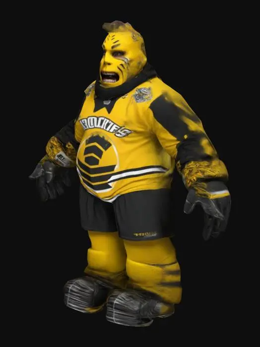3D model for Create a realistic human character resembling a passionate hockey fan in a T-pose. The character is shaped like a real human and wears team colors: yellow and black. The outfit includes a hockey jersey with bold yellow and black patterns, matching gloves, and a scarf draped around their neck. Add face paint in yellow and black to reflect team spirit. Ensure the character's expression and physique resemble an enthusiastic fan who is cheering. 