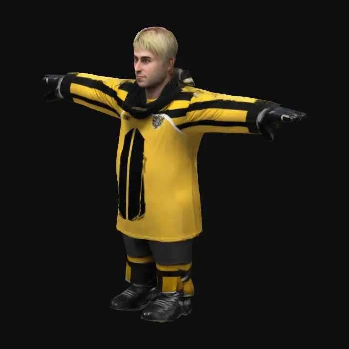3D model for Generate a realistic male hockey fan, aged 30, in a neutral T-pose. The character wears a yellow-and-black hockey jersey with bold stripes, matching gloves, and a scarf draped neatly over the shoulders. The face is plain with no expression, and the head has short, styled hair. Ensure the proportions and clothing reflect a standard adult male physique with attention to hockey fan attire details