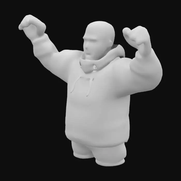 3D model for Create a middle-aged male hockey fan, approximately 40 years old, standing in a neutral T-pose with a joyful expression. She wears a yellow-and-black hoodie-style jersey, fitted gloves, and a scarf draped symmetrically down both sides. Her face has a warm smile and slightly raised eyebrows to reflect enthusiasm, while her arms and hands remain in a standard T-pose. Add shoulder-length hair for realism.