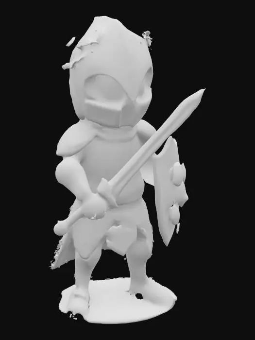 3D model for "Create a highly detailed, cute chibi-style 3D topiary knight named Sir Thistlewick. He is a small, round, and adorable chibi commander knight made entirely of lush green grass, soft moss, and leafy vines, with tiny flowers blooming around his joints. His armor is sculpted from neatly trimmed hedges and leafy patterns, resembling traditional medieval plate armor but with a whimsical, garden-like twist. His helmet is domed and oversized, with bushy eyebrows made of clover leaves and glowing, soft yellow eyes that shine through the foliage. His sword and shield are also made from natural elements: the sword has a vine-wrapped hilt and a leaf-shaped blade, while the shield is shaped like a large, flowering lily pad. He stands confidently, chest puffed out, looking brave yet endearing.