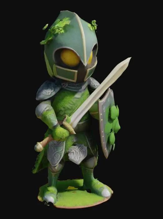 3D model for "Create a highly detailed, cute chibi-style 3D topiary knight named Sir Thistlewick. He is a small, round, and adorable chibi commander knight made entirely of lush green grass, soft moss, and leafy vines, with tiny flowers blooming around his joints. His armor is sculpted from neatly trimmed hedges and leafy patterns, resembling traditional medieval plate armor but with a whimsical, garden-like twist. His helmet is domed and oversized, with bushy eyebrows made of clover leaves and glowing, soft yellow eyes that shine through the foliage. His sword and shield are also made from natural elements: the sword has a vine-wrapped hilt and a leaf-shaped blade, while the shield is shaped like a large, flowering lily pad. He stands confidently, chest puffed out, looking brave yet endearing.