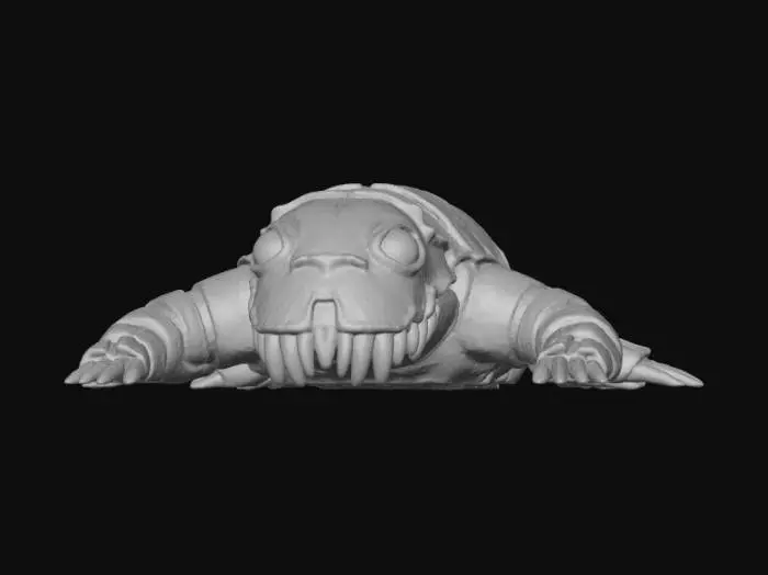 3D model for Generate a 3D model of a partially embedded organic fossil within a rocky cavity. The fossil should resemble a long-extinct creature with segmented limbs, hardened carapace, and remnants of soft tissue calcified over time. The structure should be twisted and incomplete, with erosion marks, mineral encrustations, and sediment layers. Surround the fossil with a detailed cave wall featuring stalactites, moss patches, and moisture streaks. The lighting should suggest a low, natural glow from bioluminescent minerals nearby. Use muted tones: stone gray, fossil beige, and hints of oxidized green. The model should evoke mystery and ancient biology, with clean topology suitable for scene integration or 3D printing