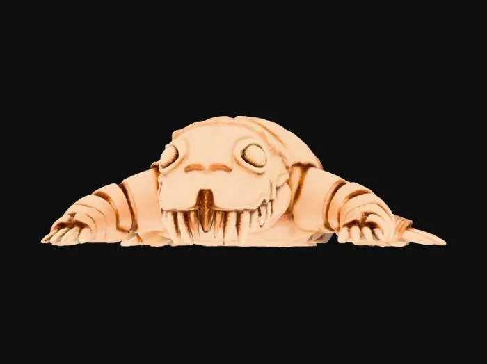 3D model for Generate a 3D model of a partially embedded organic fossil within a rocky cavity. The fossil should resemble a long-extinct creature with segmented limbs, hardened carapace, and remnants of soft tissue calcified over time. The structure should be twisted and incomplete, with erosion marks, mineral encrustations, and sediment layers. Surround the fossil with a detailed cave wall featuring stalactites, moss patches, and moisture streaks. The lighting should suggest a low, natural glow from bioluminescent minerals nearby. Use muted tones: stone gray, fossil beige, and hints of oxidized green. The model should evoke mystery and ancient biology, with clean topology suitable for scene integration or 3D printing