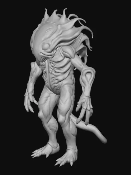 3D model for Generate a highly detailed 3D model of an asymmetrical organic creature that blends plant and animal features. The body should be irregular and fluid, with tentacle-like appendages, translucent membranes, and bark-like textures. Include visible veins, pulsating respiratory zones, and bioluminescent patches. The creature should appear naturally evolved in a dark, humid alien jungle. Use mossy greens, earthy browns, and subtle blue glows. The model should be anatomically plausible for a 1.5-meter tall lifeform, with clean topology suitable for animation or 3D printing