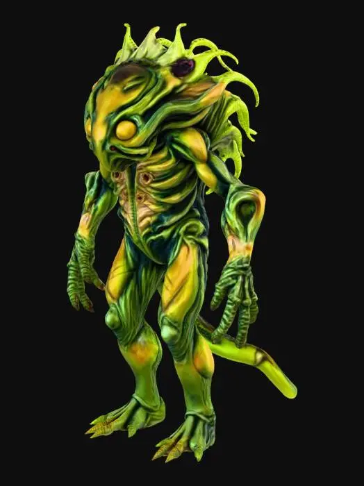 3D model for Generate a highly detailed 3D model of an asymmetrical organic creature that blends plant and animal features. The body should be irregular and fluid, with tentacle-like appendages, translucent membranes, and bark-like textures. Include visible veins, pulsating respiratory zones, and bioluminescent patches. The creature should appear naturally evolved in a dark, humid alien jungle. Use mossy greens, earthy browns, and subtle blue glows. The model should be anatomically plausible for a 1.5-meter tall lifeform, with clean topology suitable for animation or 3D printing