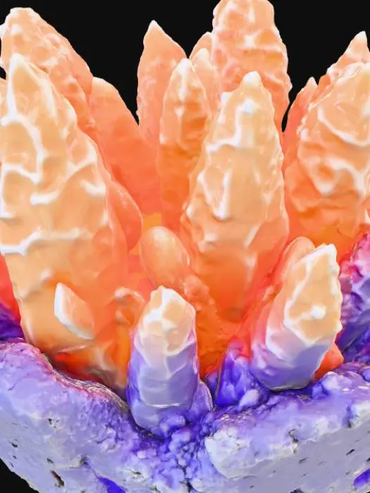 3D model for Generate a 3D model of an organic crystalline entity that appears to be a living mineral formation. The structure should be semi-symmetrical, with jagged crystal spires, porous rock textures, and glowing fissures. The creature should have a rigid outer shell made of quartz-like shards, with internal veins of molten energy visible through cracks. Include coral-like growths, mineral deposits, and signs of slow movement, like sediment trails or shifting plates. The color palette should include deep purples, obsidian black, and glowing amber. The model should evoke a sentient geological lifeform from a subterranean alien world, with clean topology suitable for animation or 3D printing