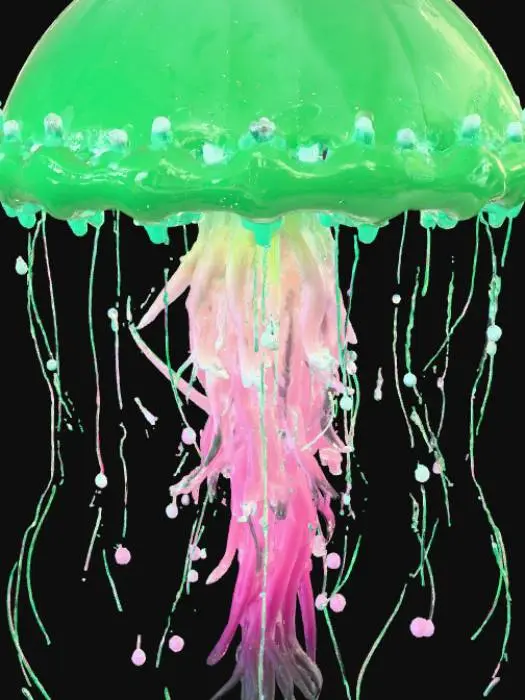 3D model for Generate a 3D model of a semi-transparent floating organic entity resembling a jellyfish-spore hybrid. The creature should have a central bulbous core with pulsating light, surrounded by trailing filaments, wispy tendrils, and floating sacs. Its surface should be smooth and gelatinous, with subtle iridescence and internal motion. The entity should appear to hover gently above a misty swamp environment, with twisted roots, shallow water, and dense fog surrounding it. Include environmental elements like moss-covered stones, bioluminescent fungi, and drifting particles to enhance immersion. The color palette should feature pale greens, soft purples, and glowing cyan. The model should be suitable for animation or scene integration, with clean topology and environmental anchoring