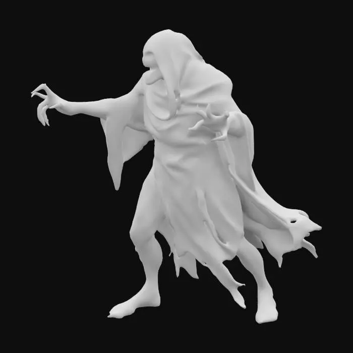 3D model for fantasy attacking ghoul, length torn robe blowing in the wind, long bony arms stretched forward, extremely detailed, high resolution textures, epic stance
