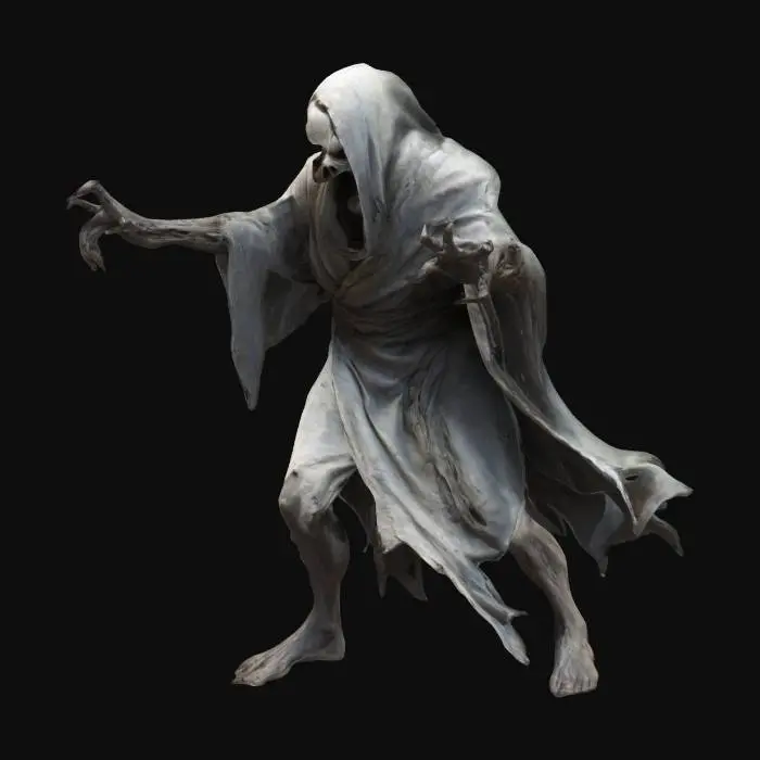 3D model for fantasy attacking ghoul, length torn robe blowing in the wind, long bony arms stretched forward, extremely detailed, high resolution textures, epic stance