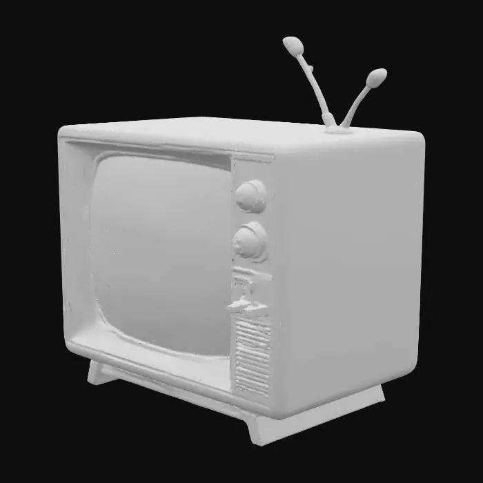 3D model for old TV playing a VCR tape. The Tv screen is showing cumulonimbus clouds. TV is big and made from brushed chrome. No speakers no extras.