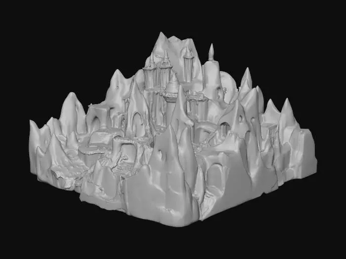 3D model for A hyper-realistic city dedicated to Hades sprawls across a desolate landscape, constructed from monolithic, rough-hewn blocks of dark obsidian and volcanic rock. Its jagged, angular structures rise with an imposing, oppressive weight, exhibiting a predominantly matte, coarse texture. Veins of glowing, molten orange and deep crimson run through the black stone, providing stark contrast and an internal luminosity. The city’s form is cavernous and labyrinthine, exuding a cold, heavy, and uninviting tactile quality, perpetually shrouded in deep greys and sooty blacks.