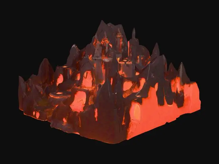 3D model for A hyper-realistic city dedicated to Hades sprawls across a desolate landscape, constructed from monolithic, rough-hewn blocks of dark obsidian and volcanic rock. Its jagged, angular structures rise with an imposing, oppressive weight, exhibiting a predominantly matte, coarse texture. Veins of glowing, molten orange and deep crimson run through the black stone, providing stark contrast and an internal luminosity. The city’s form is cavernous and labyrinthine, exuding a cold, heavy, and uninviting tactile quality, perpetually shrouded in deep greys and sooty blacks.