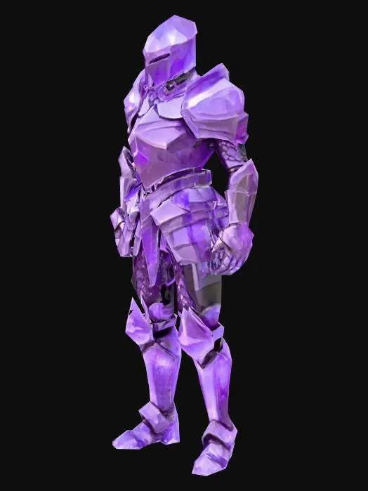 3D model for An imposing knight stands clad in elaborate amethyst armor, devoid of weapon, shield, or cape. The armor pieces are sculpted from deep purple crystalline formations, exhibiting sharp, faceted edges that reflect light with a vibrant, jewel-like sparkle. Each plate seamlessly interlocks, forming a rigid, powerful silhouette. The surface gleams with a polished, cool touch, revealing internal striations of varying violet hues, emphasizing its precious, mineral composition.