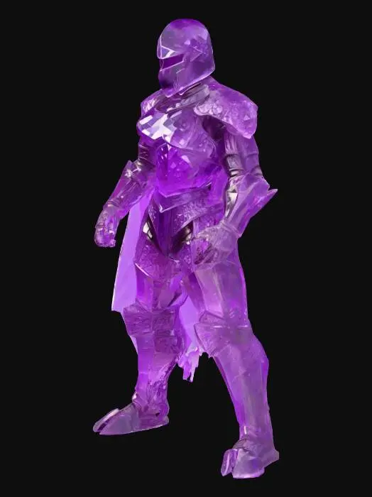 3D model for A hyper-realistic knight stands in a neutral A-pose, devoid of weapons. Its entire form is composed of faceted amethyst crystal, showcasing a deep, translucent purple hue with lighter, almost lavender edges where light catches the sharp, geometric cuts. The surface glistens with a polished, smooth texture, yet intricate crystalline fractures are visible within, giving it depth. Its armored plates are defined by the crystal's structure, reflecting light with a cool, hard shimmer, suggesting a solid, weighty feel.