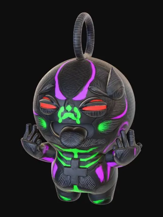 3D model for 3D printable emoji-😅 chibi keychain figure. Single watertight STL mesh. No textures, no materials, no colors. Smooth flat surfaces with sharp edges. Both hands naturally forming the middle-finger gesture as part of the body pose, rounded emoji proportions, simplified fingers. One upside-down cross symbol centered on the chest, raised 1.2 mm with a flat face and sharp border for slicer painting. No engraving. No undercuts or extreme overhangs. Integrated solid keychain loop on top of the head. Optimized for multicolor FDM slicer painting only.