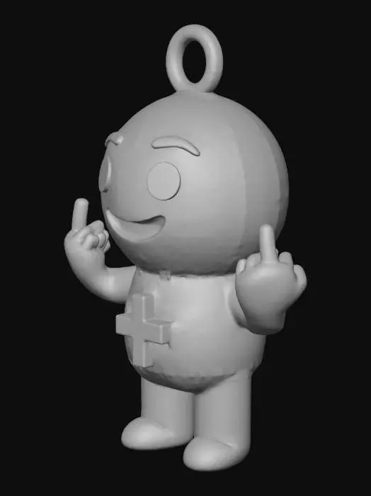 3D model for 3D printable emoji-style chibi keychain figure. Single watertight STL mesh. No textures, no materials, no colors. Smooth flat surfaces with sharp edges. Both hands naturally forming the middle-finger gesture as part of the body pose, rounded emoji proportions, simplified fingers. One upside-down cross symbol centered on the chest, raised 1.2 mm with a flat face and sharp border for slicer painting. No engraving. No undercuts or extreme overhangs. Integrated solid keychain loop on top of the head. Optimized for multicolor FDM slicer painting only.