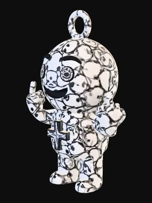 3D model for 3D printable emoji-style chibi keychain figure. Single watertight STL mesh. No textures, no materials, no colors. Smooth flat surfaces with sharp edges. Both hands naturally forming the middle-finger gesture as part of the body pose, rounded emoji proportions, simplified fingers. One upside-down cross symbol centered on the chest, raised 1.2 mm with a flat face and sharp border for slicer painting. No engraving. No undercuts or extreme overhangs. Integrated solid keychain loop on top of the head. Optimized for multicolor FDM slicer painting only.