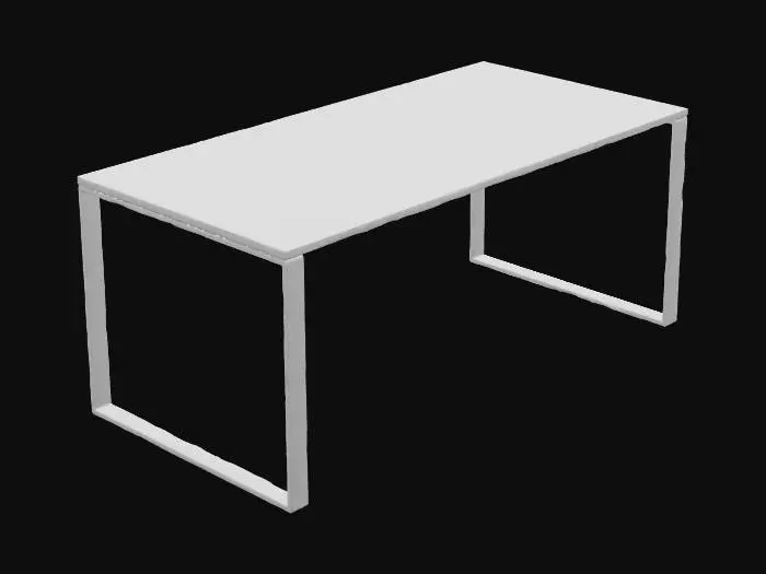3D model for 一张现代风格的办公桌，其桌面由光滑的深灰色或哑光白色人造板构成，边缘线条笔直流畅。桌体采用坚固的金属框架支撑，表面通常是拉丝处理或哑光喷漆，呈现出银色、黑色或炭灰色。桌面触感平滑且凉爽，带有微妙的光泽。整体造型简洁利落，几何感强，强调功能性和极简美学，没有多余的装饰，结构稳固。